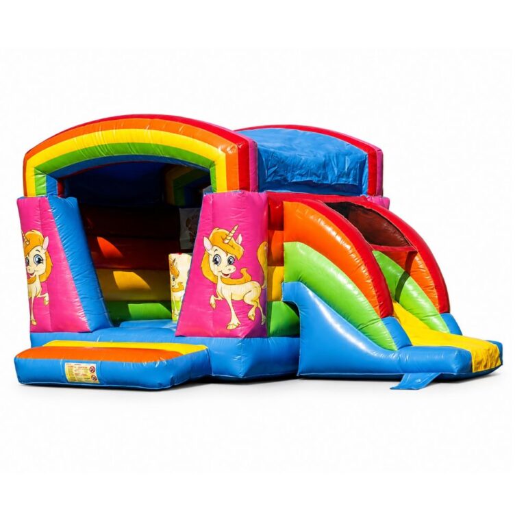 Farbenfrohe Mini Multifun Einhorn Hüpfburg mit großer Hüpffläche, Regenbogen, integrierter Rutsche und Hindernissen. Ideal für Kindergeburtstage, Gartenpartys und Veranstaltungen in Wien.